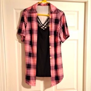 Pink Plaid Shirt with Black Tank Top
